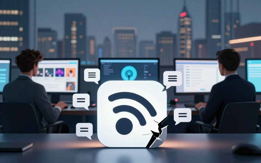 A visually striking depiction of the limitations of RSS feeds, set in a modern digital landscape. In the foreground, a broken RSS feed symbol, fragmented and surrounded by broken notifications, representing the fading relevance of traditional podcast distribution. In the middle ground, silhouettes of frustrated podcasters in business attire, looking at screens filled with diverse multimedia platforms, emphasizing their quest for broader outreach. The background features a blurred city skyline, symbolizing the fast-paced evolution of technology. The lighting is soft yet dramatic, casting shadows that convey a sense of urgency and transformation. The overall mood is one of reflection and challenge, capturing the transition from old to new in the world of podcasting.